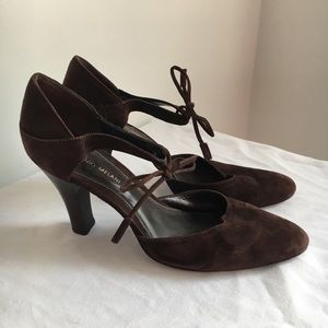 Brown suede ankle tie pumps